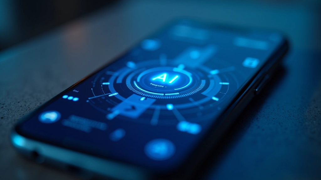 Išmanusis telefonas rodantis dirbtinio intelekto sąsają su žydromis gaire ir futuristiniais elementais